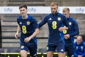 Porteous (right) and Kieran Tierney in training with Scotland at Lesser Hampden.
