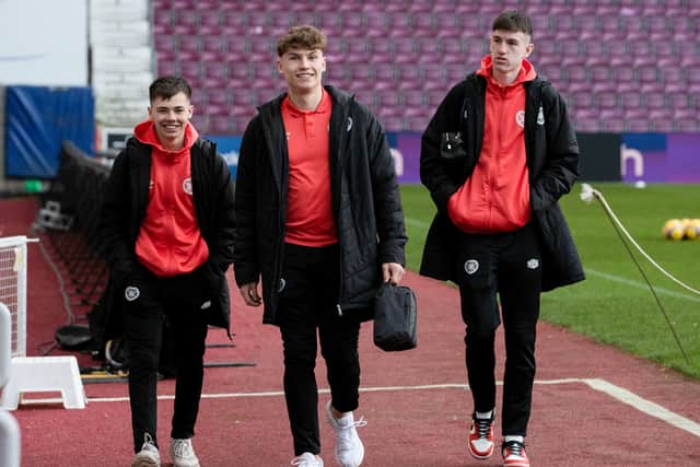 : Macauly Tait (left) Luke Rathie (centre) and Mackenzie Kirk arrive before a Scottish Cup match between Hearts and St. Mirren at Tynecastle (Pic: SNS)