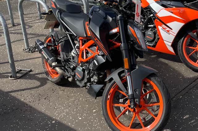 The black and orange KTM motorbike which was stolen from Northfield in Edinburgh on Saturday.