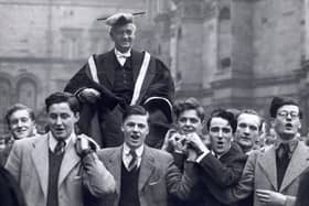 Bacteriologist and Nobel laureate Sir Alexander Fleming, who discovered penicillin, is carried by students from the McEwan Hall after being installed as Rector of Edinburgh University in 1951.