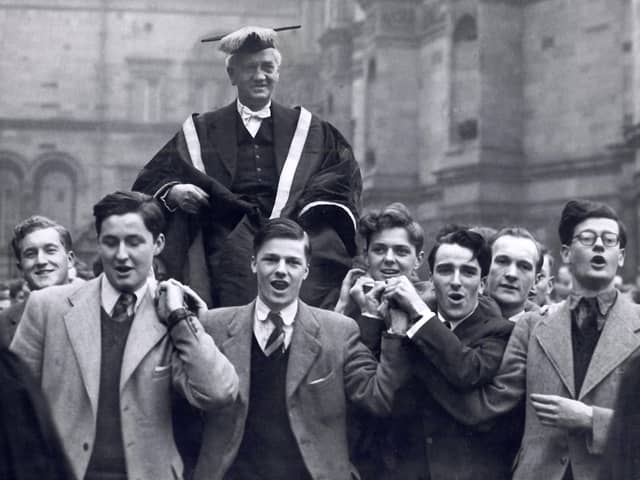 Bacteriologist and Nobel laureate Sir Alexander Fleming, who discovered penicillin, is carried by students from the McEwan Hall after being installed as Rector of Edinburgh University in 1951.