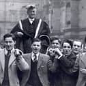 Bacteriologist and Nobel laureate Sir Alexander Fleming, who discovered penicillin, is carried by students from the McEwan Hall after being installed as Rector of Edinburgh University in 1951.
