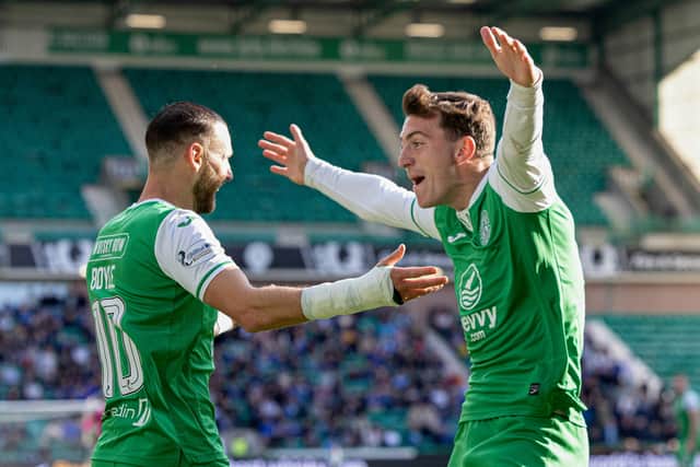 Martin Boyle (left) and Josh Campbell celebrate the Socceroos ace scoring to put Hibs 2-0 up against St Johnstone.