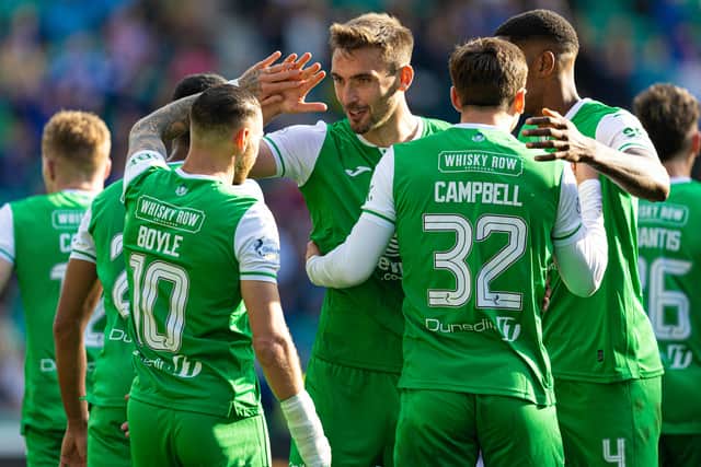 Hibs players celebrate Boyle making it 2-0 against St Johnstone on Saturday.
