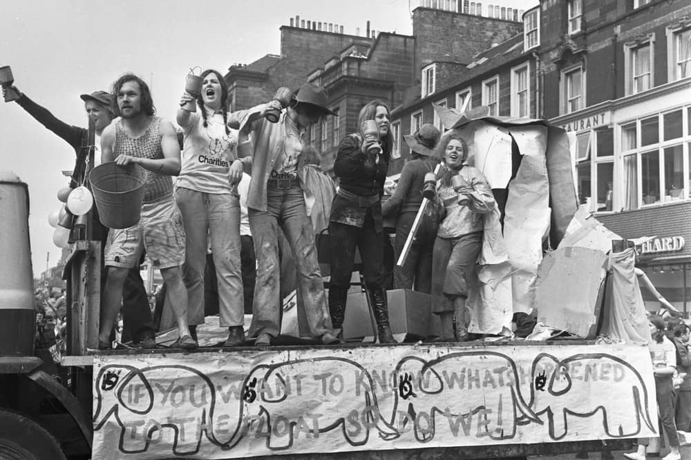 Edinburgh University students hold their annual Charities Week procession along Princes Street in May 1971.