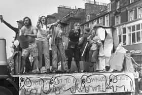 Edinburgh University students hold their annual Charities Week procession along Princes Street in May 1971.