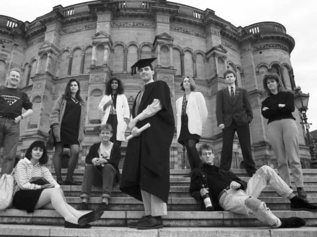Edinburgh University students outside the McEwan Hall in September 1989.