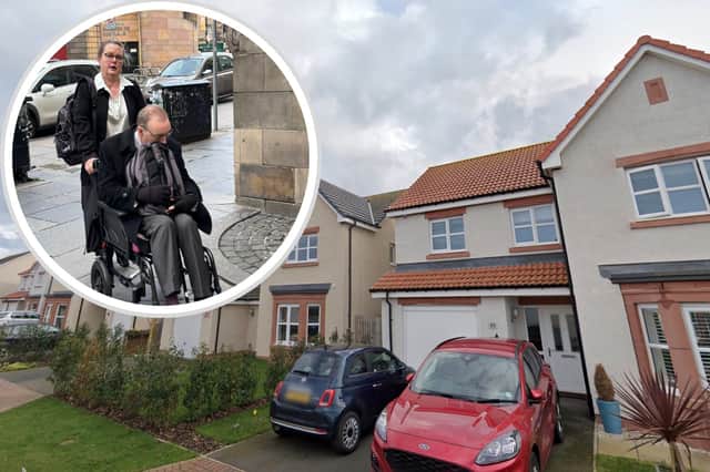 Jacqueline Aston and David Aston outside Edinburgh Sheriff Court, inset, and the street they lived on Blackadder Crescent, North Berwick, East Lothian.