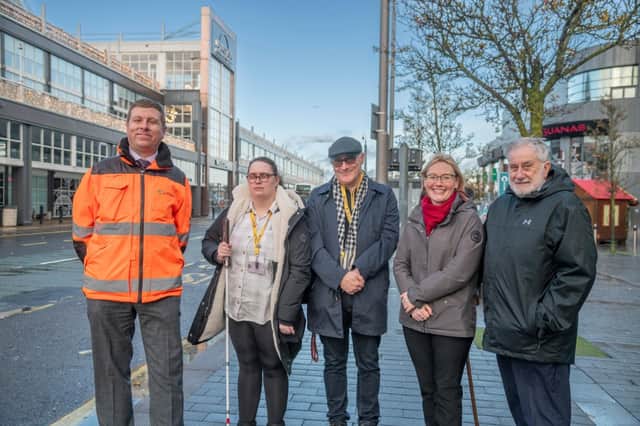 Left to right:  Calum Welsh, Information Infrastructure Manager, Lothian Country; Amy McAinsh,Jason MacMillan, Assistive Technology Lead, Sight Scotland Veterans; Lorna Cunningham, Public Transport Support Officer, West Lothian Council and Councillor Tom Conn,