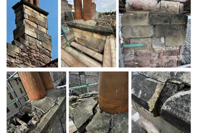 Photos of the damaged chimneys at John Knox House.