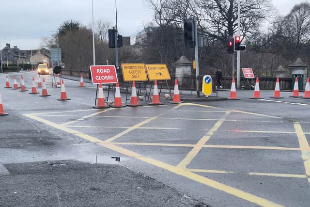 The Gorgie Road closure at the entrance to Saughton Park.