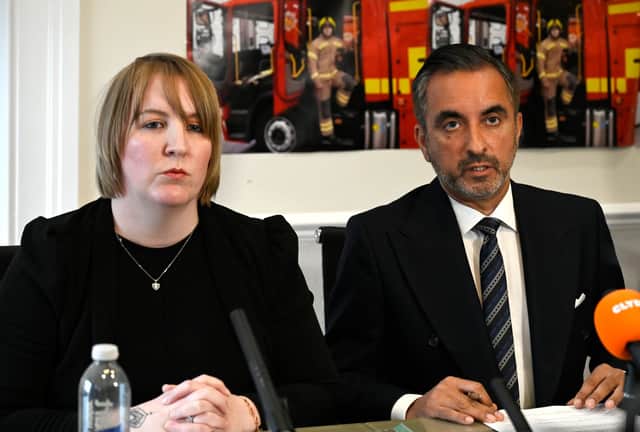 Shelley Martin, widow of firefighter Barry Martin, with her lawyer Aamer Anwar at his offices in Glasgow on Tuesday