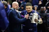 Scotland Head Coach Gregor Townsend (L) and Scotland's Sione Tuipulotu at full ttime during a Guinness Six Nations match between Scotland and England at Scottish Gas Murrayfield (Pic: SNS)