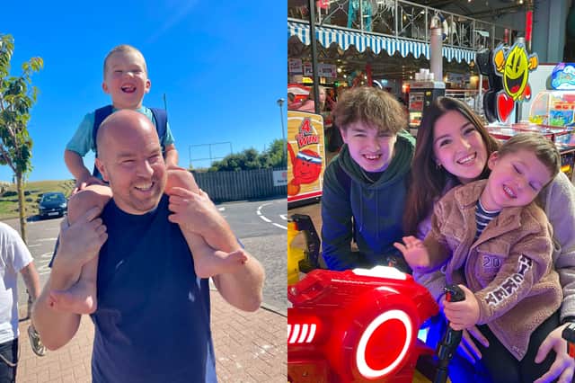 The North Berwick teacher is pictured left with his youngest child Harry. And right, his three children, Cameron, Jaime and Harry.