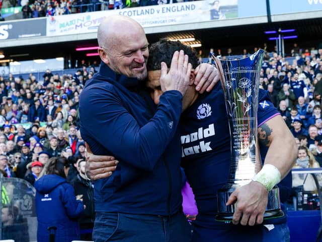  Scotland Head Coach Gregor Townsend and Sione Tuipulotu with the Auld Alliance Trophy during a Guinness Six Nations match between Scotland and France (pic: SNS)
