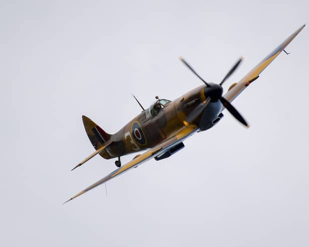 A Spitfire on a flypast in July 2021.