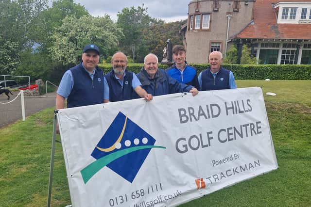 Heriot’s players Scott Dickson, David Campbell, Elliot Innes and Roddy Stevenson pictured with fellow FP and Lothians legend Graham Ewart