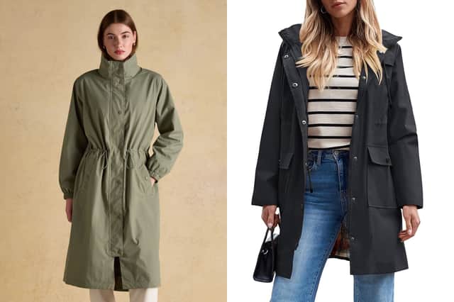 Joules Hensley Khaki Green Longline Waterproof Coat with Packable Hood £99 and Amazon SaphiRose PONCHO Women's Long Hooded Rain Jacket Outdoor £54.99