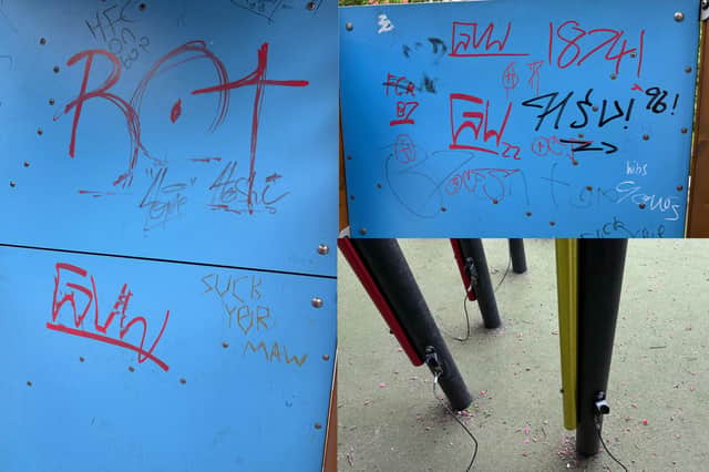 Vandals damaged one of the play units and plastered offensive graffiti on the colourful boards