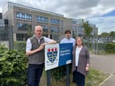 Kevin Lang (left0 with fellow Lib Dem councillors Lewis Younie and Louise Young outside Queensferry High School
