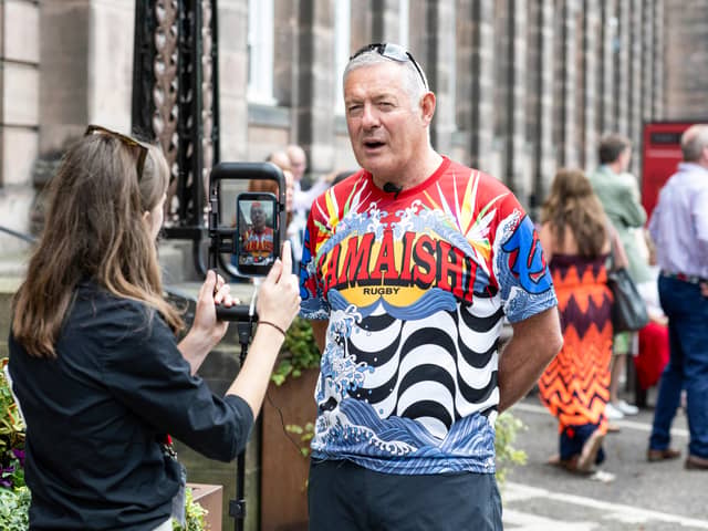 Gavin Hastings speaks with Scotsman reporter Rachel Fergusson at a celebration of life for his brother, Scott Hastings, in Edinburgh on Saturday afternoon.