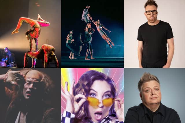 You can get your hands on discounted tickets for a host of show, including (clockwise from top left) Afrique en Cirque, Ten Thousand Hours, Jason Byrne, Susie McCabe, Jess Robinson and Scaramouche Jones.