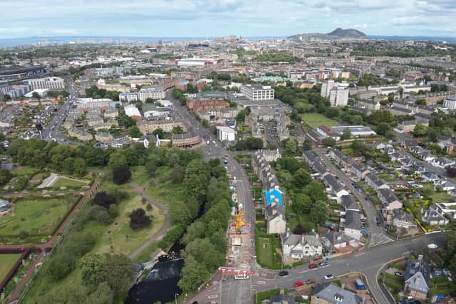 Aerial shot taken towards the end of work showing the lid being hoisted onto the new storm overflow chamber at Scottish Water’s Improving Urban Waters project at Gorgie Road in Edinburgh.