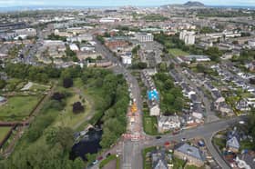 Aerial shot taken towards the end of work showing the lid being hoisted onto the new storm overflow chamber at Scottish Water’s Improving Urban Waters project at Gorgie Road in Edinburgh.