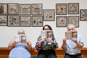 Craigmillar Tapestry stitcher Heather Henderson, Scottish Storytelling Centre's Lauren Paterson and Artist Andrew Crummy celebrate the launch of the Craigmillar Tapestry. Created by more than 500 residents of Craigmillar and Niddrie, the tapestry will be on display at the Scottish Storytelling Centre  (SSC) from 24 July until 31 August as part of its Fringe 2026 programme and the Centre's 20th anniversary celebrations.