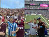 Bryan Weir, left at a Hearts away game in Europe, and right with his brother Mark at an American Football game in New York.