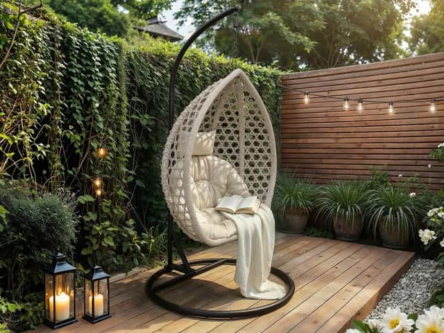 The SOLACE+CO Lola Egg Chair has a cocoon-like shape, cushioned seat and gentle swinging motion.