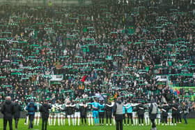 Hibernian players sing Sunshine on Leith at full time during a William Hill Premiership match between Hibernian and Heart of Midlothian at Easter Road