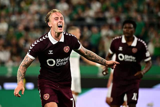 Calvin Miller of Heart of Midlothian celebrates scoring his team’s second goal during the UEFA Conference League 2026/27 Play Off Round Second Leg match between SK Rapid and Heart of Midlothian
