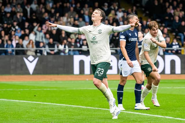 Hibernian's Callum Wright celebrates as he scores as he scores to make it 2-0 during a William Hill Premiership match between Dundee and Hibernian at Dens Park, on August 30