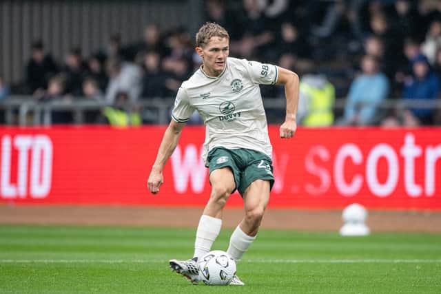 Hibernian's Jacob Devaney in action during a William Hill Premiership match between Dundee and Hibernian at Dens Park
