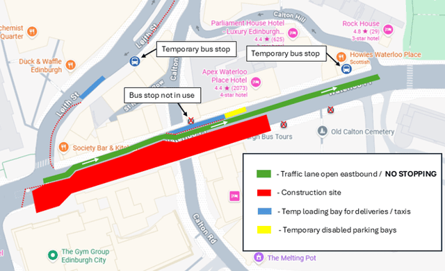Waterloo Place will remain open to eastbound traffic heading towards Abbeyhill