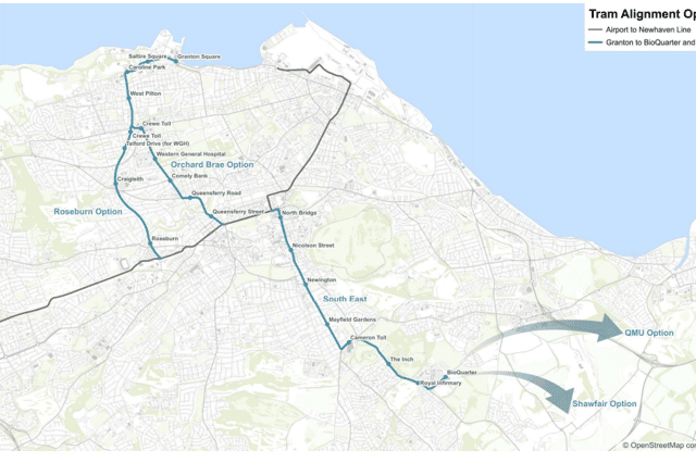 The map shows the two options for the northern leg - via Roseburn Path or Orchard Brae - and the route of the southern leg, finishing with the "beyond" options of links to Queen Margaret University or Shawfair