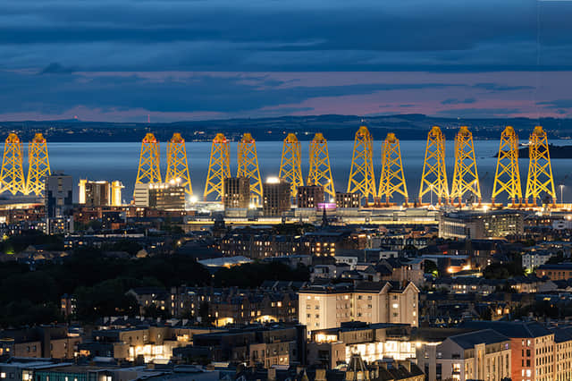The Inch Cape structures seen from Calton Hill at night.