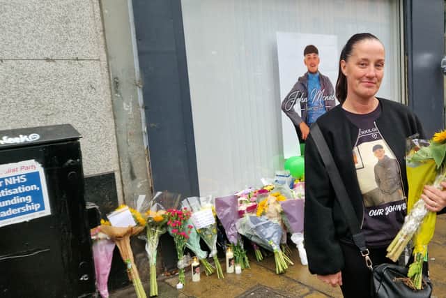 Lisa Petrie pictured on the first anniversary of John’s death, close to the spot where her son died in Leith.