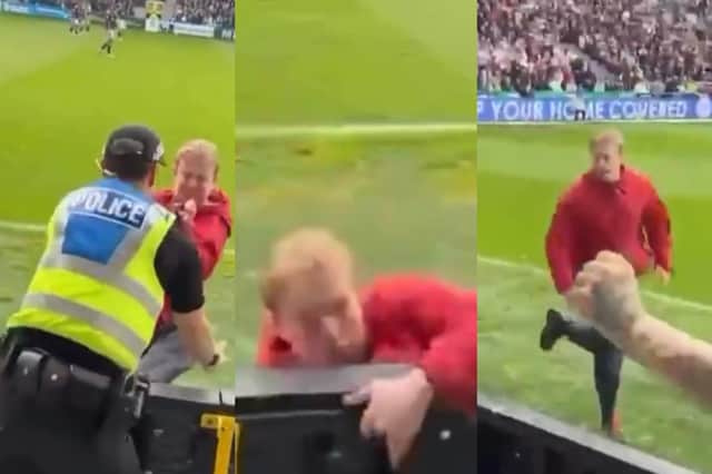 The Hibs fan was arrested after slipping (centre) while trying to make his way back into the stand.
