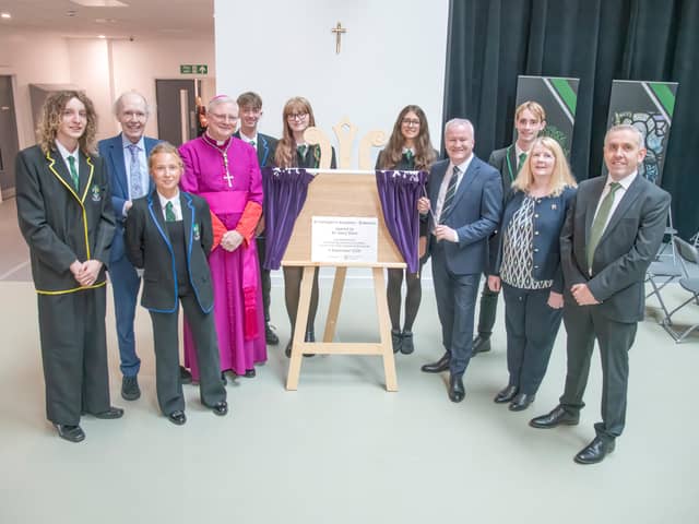 Archbishop Leo Cushley pictured with lawyer Gerry Bann, right , who opened St Kentigern's Academy, Also pictured is council leader Lawrence Fitzpatrick, senior education staff senior pupils and headteacher Gerry Burns.