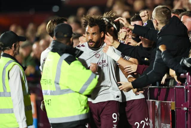 Hearts' JJ Williams celebrates after scoring to make it 1-0 during a Premier Sports Cup Quarter-Final match between Stenhousemuir and Heart of Midlothian