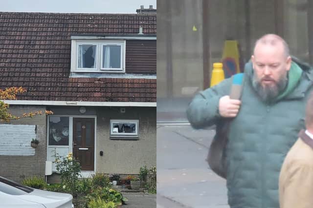 Windows were smashed at the home of Calum McFadyen, pictured outside court.