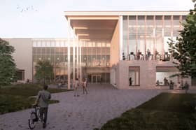 An artist's impression of the entrance at the new school serving 2-18-year-olds at Shawfair.