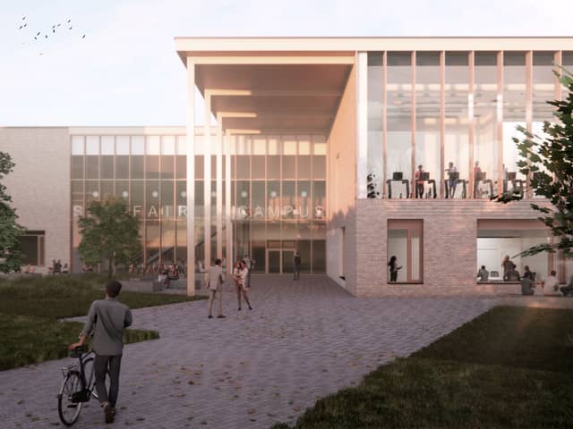 An artist's impression of the entrance at the new school serving 2-18-year-olds at Shawfair.