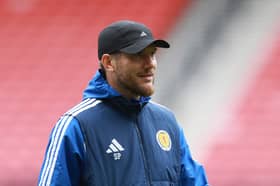  Scotland's head coach Sebastien Pocognoli looks on during a team training session at Hampden Park