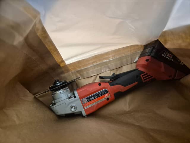 The angle grinder was picked up by police after the rider dropped it in his haste