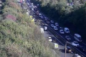 There are long queues on the A720 Edinburgh City Bypass following a crash at Sheriffhall Roundabout. 