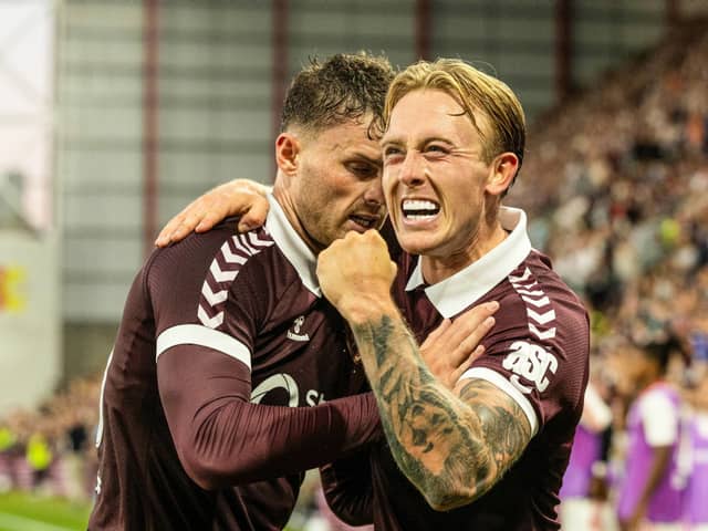 Hearts' Calvin Miller and Josh McPake (L) 