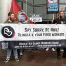Former Rockstar Games employees holding a rally